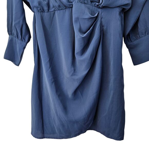 Abercrombie & Fitch Long-Sleeve Draped Mini Dress Wrap Bodice V Neck Blue XL NEW - Picture 6 of 10